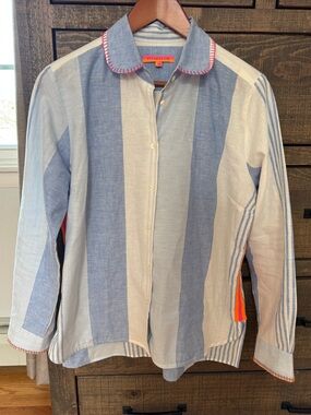 Vilagallo Blue and White Striped Button-Down Shirt with Pink Trim